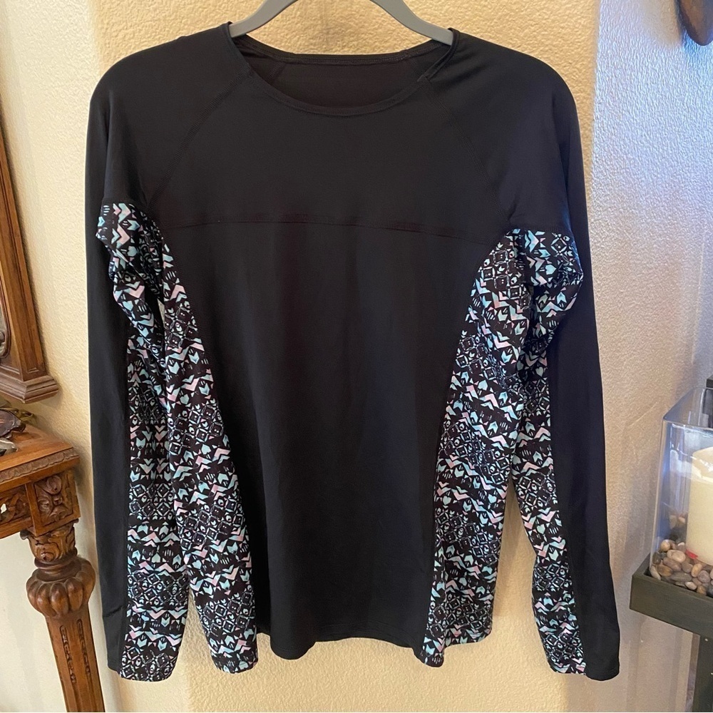 Patagonia Women Black Blue Patterned Rashguard Long Sleeve Top Size Large
